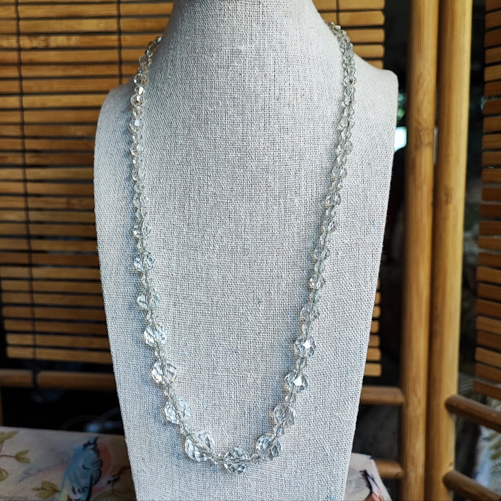 Heavily Faceted Vintage Round Graduated Clear Crystal Necklace 1950's Sterling?